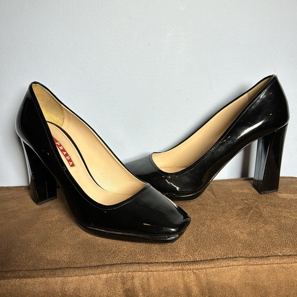 Prada Women's Patent Leather Pumps Heels Square Toe Slip On Stacked HeeI Black - Picture 4 of 16